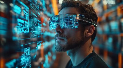 Man wearing futuristic augmented reality glasses examines digital data in a high-tech environment during nighttime hours