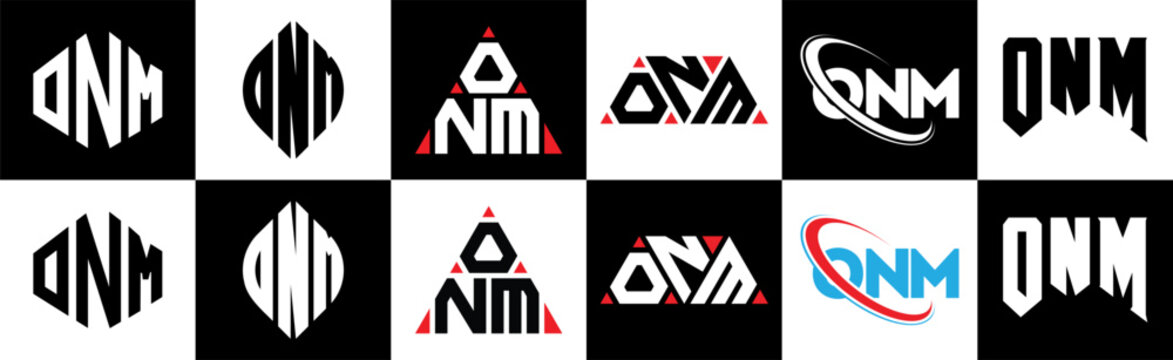 ONM letter logo design in six style. ONM polygon, circle, triangle, hexagon, flat and simple style with black and white color variation letter logo set in one artboard. ONM minimalist and classic logo