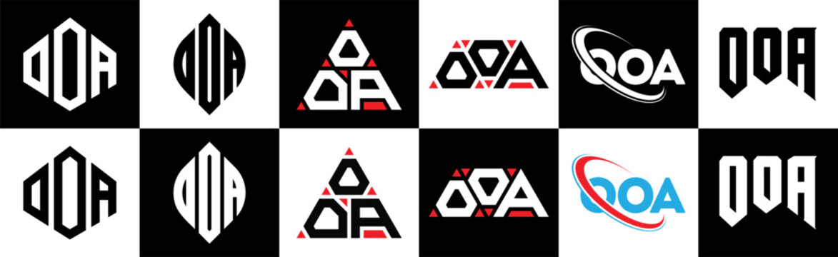 OOA letter logo design in six style. OOA polygon, circle, triangle, hexagon, flat and simple style with black and white color variation letter logo set in one artboard. OOA minimalist and classic logo