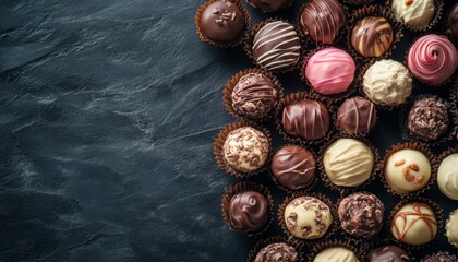 Obraz premium Variety of Delicious Chocolate Candies in Assorted Flavors on Dark Background, Top View