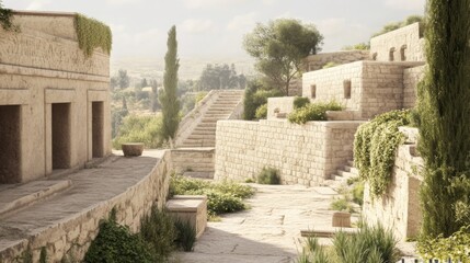 Ancient Mediterranean town, sunny day, pathway, gardens. Possible use Stock photo for travel brochure