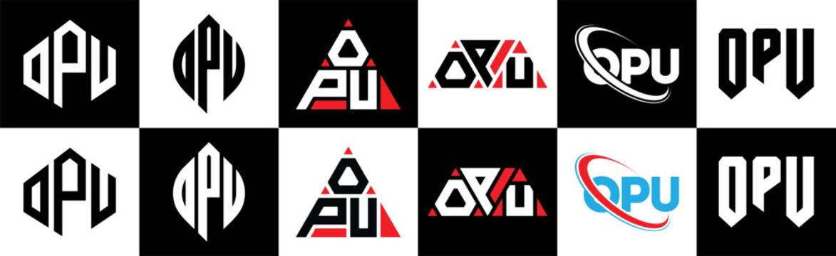OPU letter logo design in six style. OPU polygon, circle, triangle, hexagon, flat and simple style with black and white color variation letter logo set in one artboard. OPU minimalist and classic logo