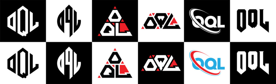 OQL letter logo design in six style. OQL polygon, circle, triangle, hexagon, flat and simple style with black and white color variation letter logo set in one artboard. OQL minimalist and classic logo
