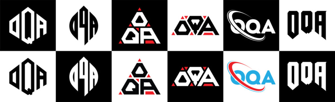 OQA letter logo design in six style. OQA polygon, circle, triangle, hexagon, flat and simple style with black and white color variation letter logo set in one artboard. OQA minimalist and classic logo