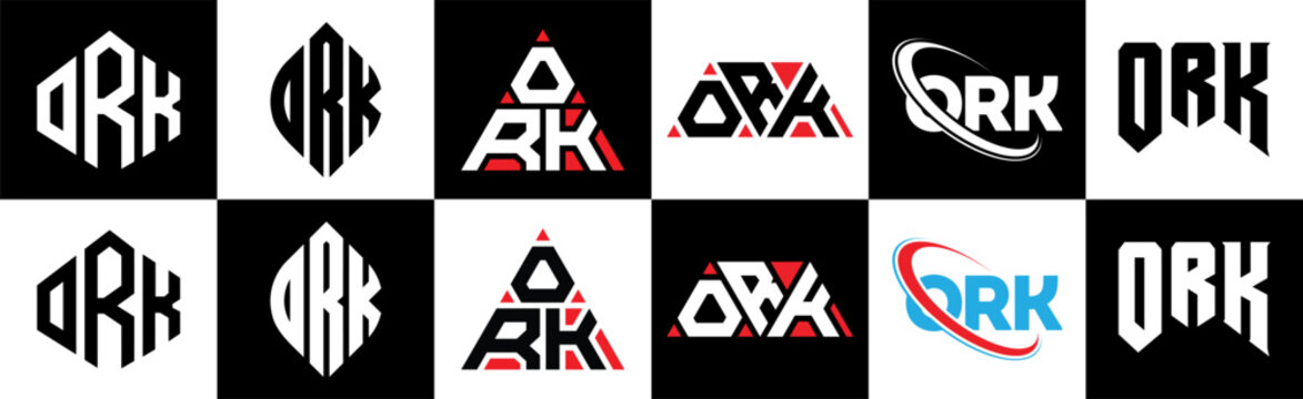 ORK letter logo design in six style. ORK polygon, circle, triangle, hexagon, flat and simple style with black and white color variation letter logo set in one artboard. ORK minimalist and classic logo