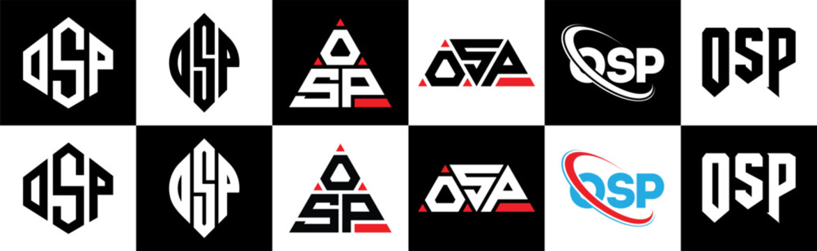 OSP letter logo design in six style. OSP polygon, circle, triangle, hexagon, flat and simple style with black and white color variation letter logo set in one artboard. OSP minimalist and classic logo
