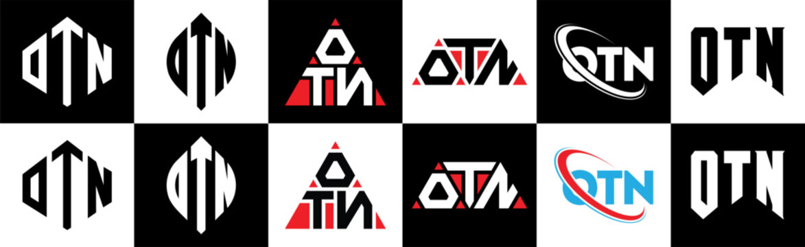 OTN letter logo design in six style. OTN polygon, circle, triangle, hexagon, flat and simple style with black and white color variation letter logo set in one artboard. OTN minimalist and classic logo