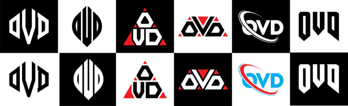 OVD letter logo design in six style. OVD polygon, circle, triangle, hexagon, flat and simple style with black and white color variation letter logo set in one artboard. OVD minimalist and classic logo