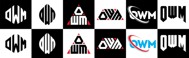 OWM letter logo design in six style. OWM polygon, circle, triangle, hexagon, flat and simple style with black and white color variation letter logo set in one artboard. OWM minimalist and classic logo