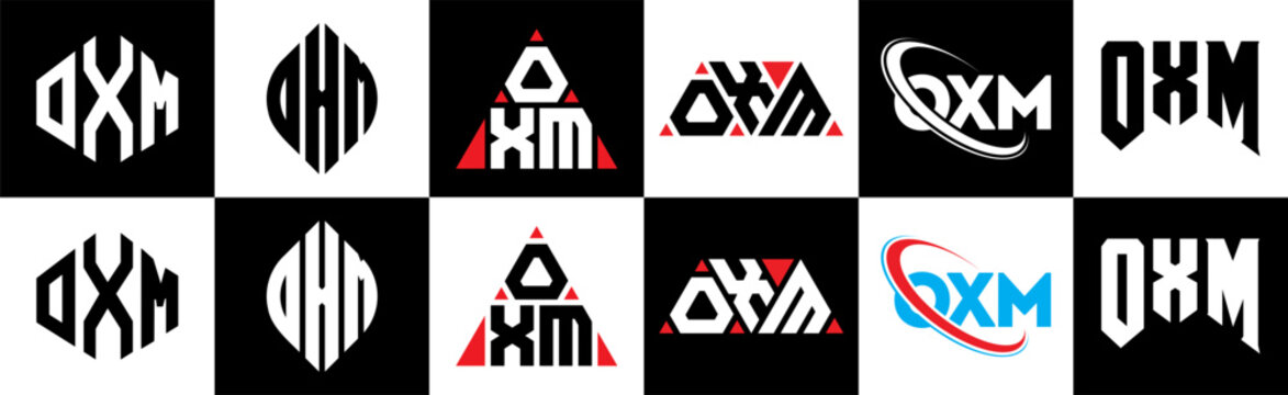 OXM letter logo design in six style. OXM polygon, circle, triangle, hexagon, flat and simple style with black and white color variation letter logo set in one artboard. OXM minimalist and classic logo