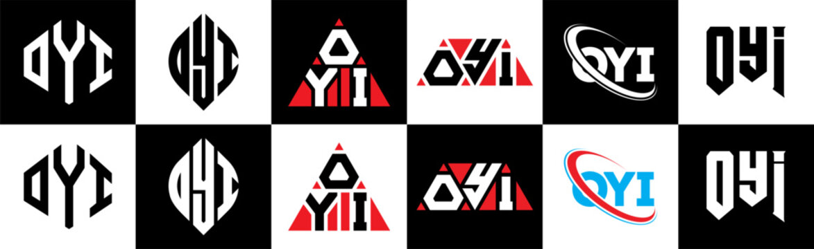 OYI letter logo design in six style. OYI polygon, circle, triangle, hexagon, flat and simple style with black and white color variation letter logo set in one artboard. OYI minimalist and classic logo