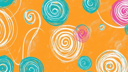 Naklejka premium Colorful abstract swirls in turquoise, white, and pink on a vibrant orange background create a cheerful and dynamic pattern.