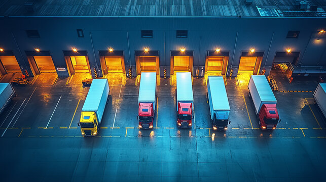 Trucks parked in a distribution center during a rainy evening with illuminated loading docks and darkened surroundings