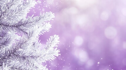 A beautifully frosted evergreen branch adorned with glistening snow, set against a magical purple bokeh background, evoking a festive winter spirit.