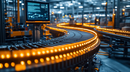 Conveyor system in a modern warehouse with advanced monitoring display at night