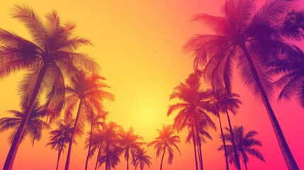 Obraz premium Silhouette of palm trees against a vibrant sunset sky, creating a tropical paradise feel.