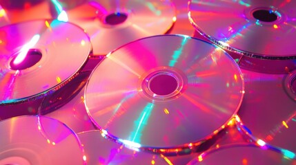 A colorful display of compact discs reflecting vibrant rainbow hues, creating a fascinating abstract pattern. Perfect for music and technology themes.