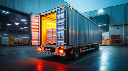 Warehouse loading dock with open shipping container at night showcasing illuminated interior and stacked pallets