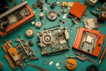Fototapeta premium Analysis of used and broken hard disk drive parts in a repair recovery service