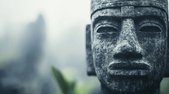 Ancient stone carving,  blurred garden background. Possible use Stock photo for travel, history, or art