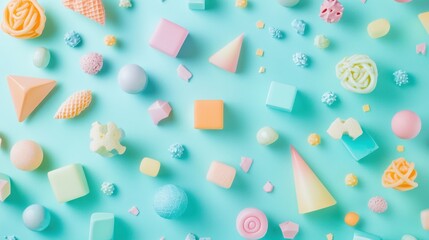 An array of colorful pastel-shaped candies and soap on a serene blue background, creating a whimsical and cheerful atmosphere.