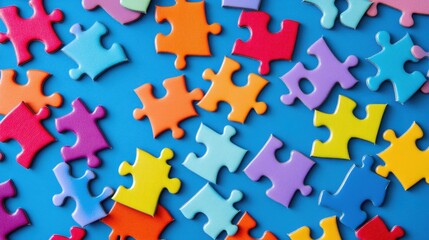 Colorful puzzle pieces scattered on a blue background, creating a playful and vibrant scene, perfect for children's activities or educational themes.