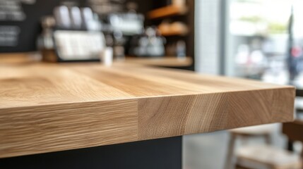 Close-up of a polished wooden countertop in a modern café setting, highlighting its warm tones and smooth texture.