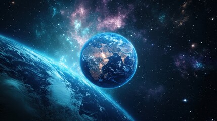 Obraz premium Stunning view of Earth from space, showcasing brilliant colors of the oceans and continents under a starry cosmic backdrop.