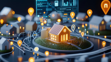 Franchise concept. Expansion Strategy Visualization and Franchise Business Growth, a futuristic 3D-rendered infographic showing a glowing digital roadmap of franchise locations expanding globally