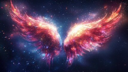 A stunning depiction of cosmic wings, radiating vibrant colors and stardust against a dark, starry background, evoking a sense of wonder and imagination.