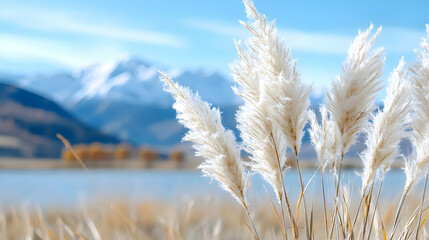 Fototapeta premium Pampas grass autumn mountains lake