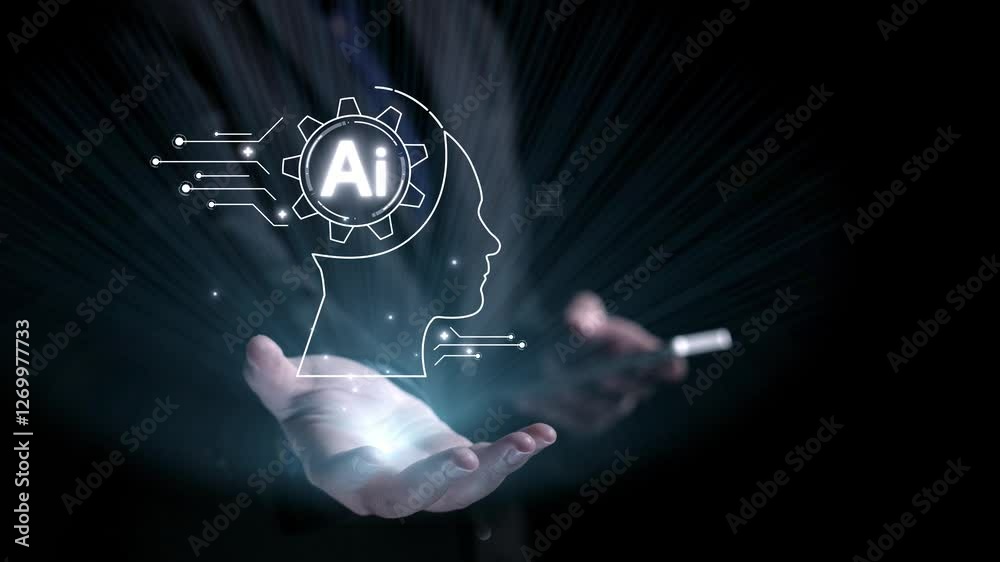 Poster human interact with ai artificial intelligence brain processor in concept of ai artificial intellige
