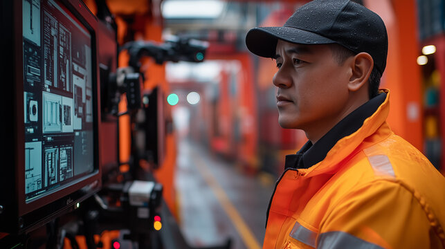 Worker monitors logistics operations in a busy port during a rainy day