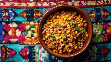bowl of ground chicken, mixed with corn and beans against a vibrant Mexican tablecloth
