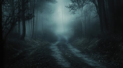 Fototapeta premium A cinematic shot of an eerie forest path disappearing into heavy mist, creating an unsettling, ghostly atmosphere. --ar 16:9 --style raw --v 6.1 Job ID: 00698d9f-a1c7-43b6-bf56-dc6511e94722