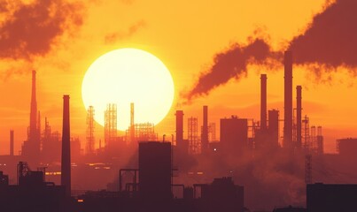 The sun sets behind an industrial plant, with smoke stacks releasing pollution.