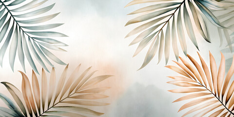 Elegant palm fronds sway against soft background. Muted teal and beige tones create serene tropical ambiance. Concept: spa retreat, eco resort, wellness center