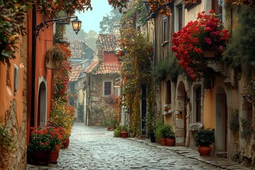 Fototapeta premium Medieval European Cobblestone Street with Colorful Houses and Red Flowering Plants in Summer, Ancient Town Architecture Historical Building