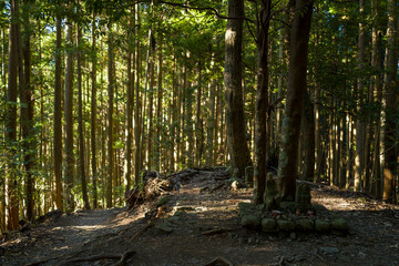 Gyuba-doji statues on the Kumano Kodo in Asia, Japan, Kansai, Kumano Kodo, in summer, on a sunny day.