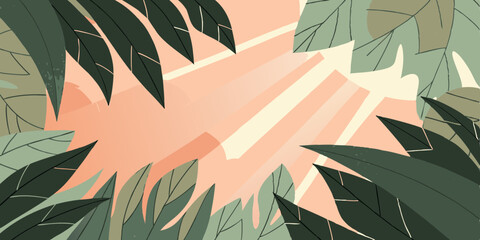 Sunbeams pierce through tropical foliage in pastel hues. Minimalist design evokes peaceful jungle morning. Concept: Resort, spa retreat, wellness center