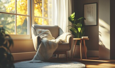 Cozy reading nook with a soft armchair, a fluffy throw, and a wooden side table, warm sunlight streaming in through large windows, minimalist decor creating a peaceful ambiance