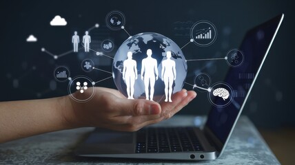 Person holding globe with human figures and data illustrations