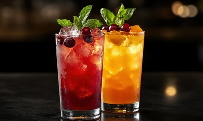 Two servings of cool orange and cranberry iced tea, enhanced with mint garnish.