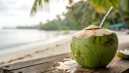 A fresh green coconut, still in its husk, resting on a rustic wooden surface