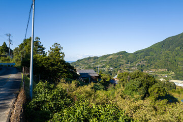 The mountains above Tanabe in Asia, Japan, Kansai, Tanabe, in summer, on a sunny day.