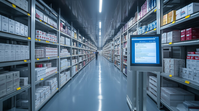Inventory management in a modern warehouse with organized aisles and electronic displays at a pharmaceutical facility