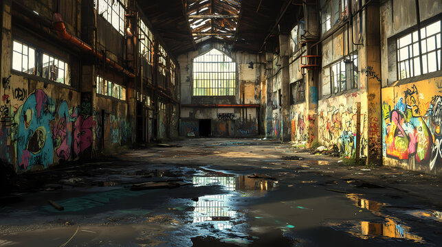 Abandoned industrial zone, retrofit tech hubs, neon graffiti, survival spirit. Neon Graffiti Spirits. Illustration