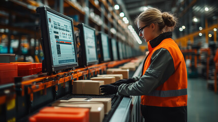 Warehouse worker managing packages at a logistics center during peak hours in an organized environment