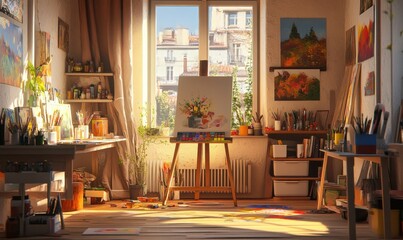 Creative workspace with paintbrushes, colorful palettes, and an artistâ€™s easel in a bright studio filled with warm light.
