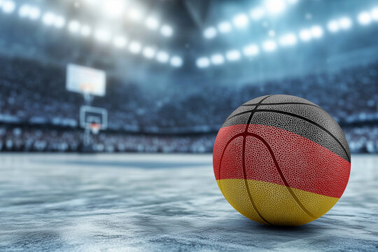 Basketball ball with the national flag of germany , lies on the ground, against the background of a large sports arena, with glowing lights and full stands. - Powered by Adobe